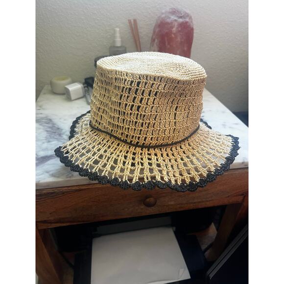 Cream Crochet Sun Hat with Black Trim - Women\'s Beach Hat